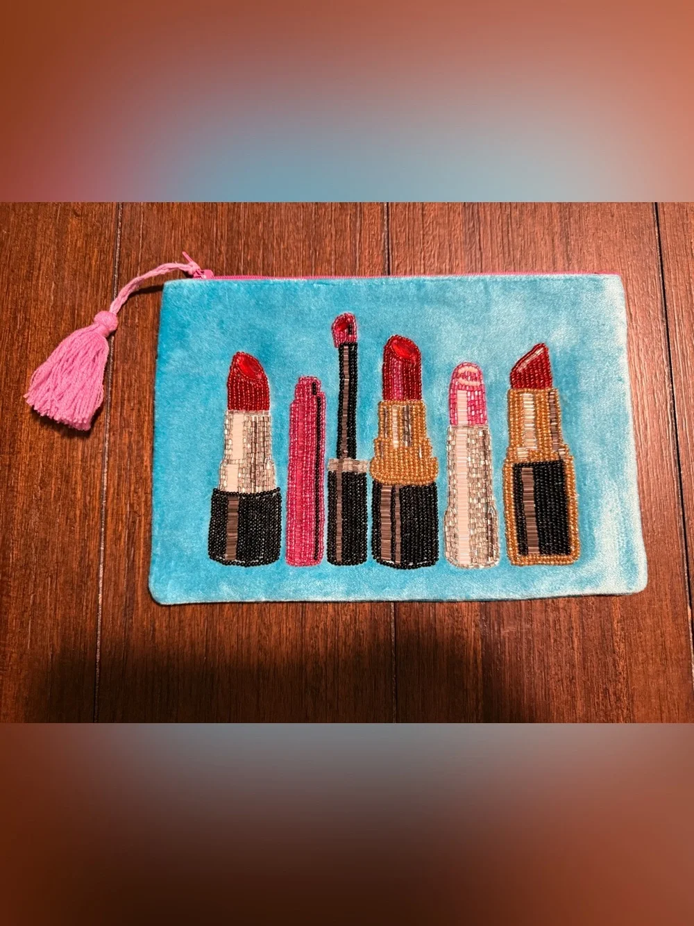 Beaded Lipstick Velvet Makeup Pouch - Turquoise & Pink Two’s Company Cosmetics